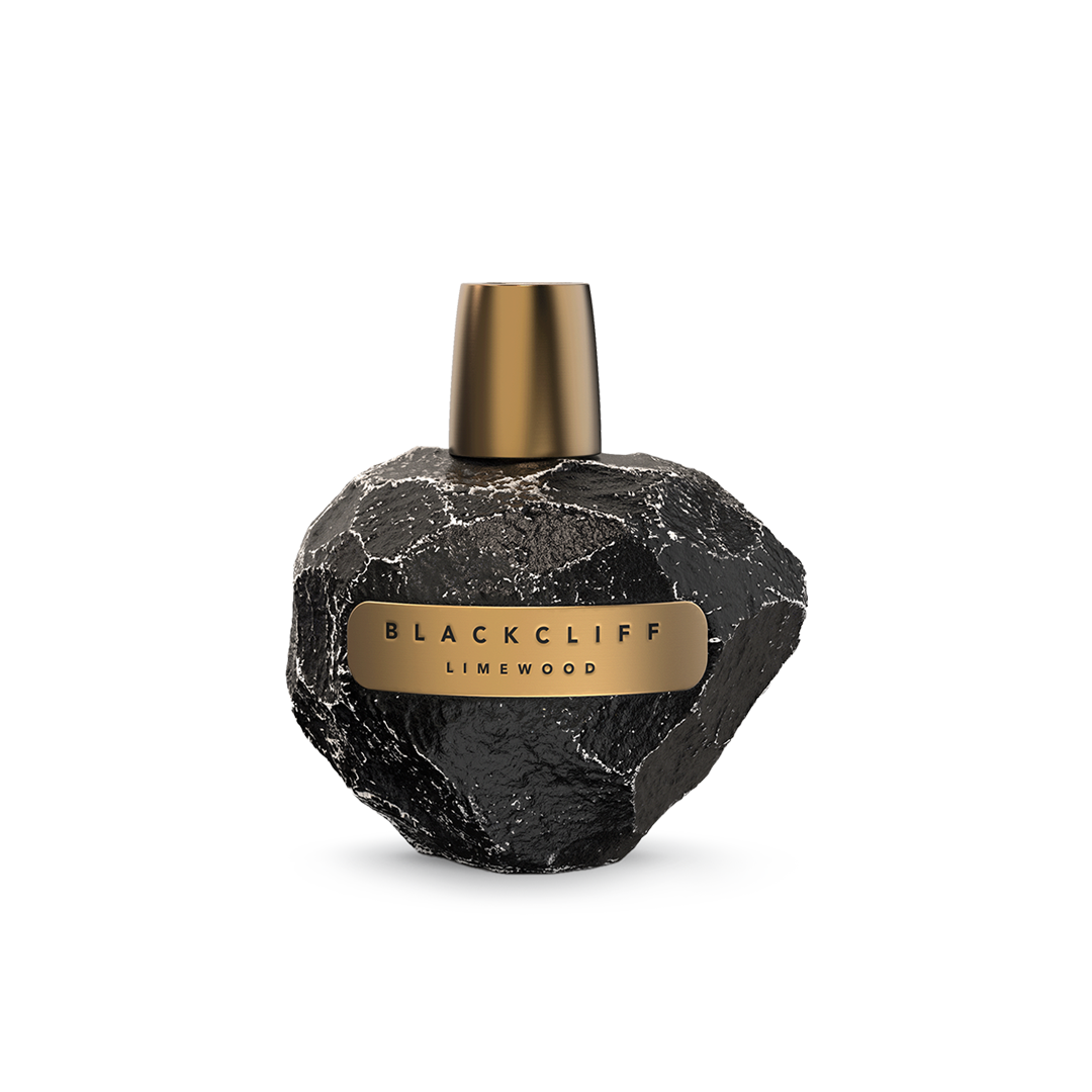 Black textured fragrance bottle with gold cap and Limewood label