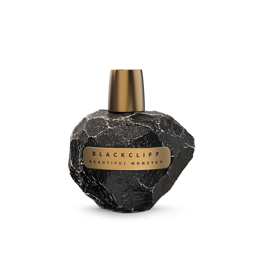 Black perfume bottle with gold cap and gold label reading Blackcliff Beautiful Monster