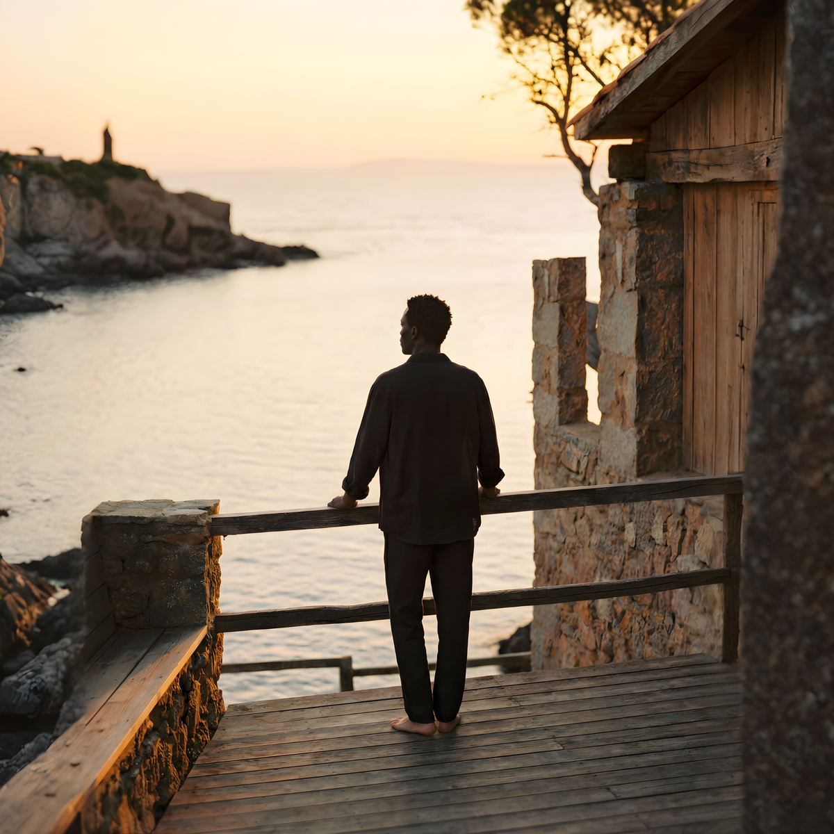 Man standing on a wooden deck overlooking a body of water at sunset.