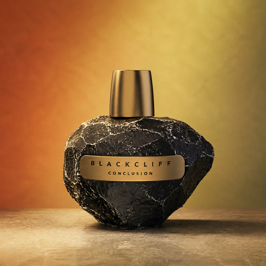 BLACKCLIFF Conclusion fragrance bottle with gold cap, dark stone-textured body