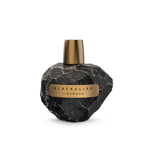 Black textured fragrance bottle with gold cap and Limewood label