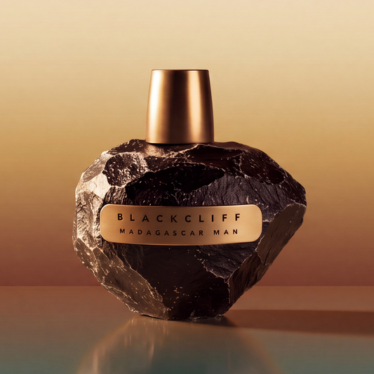 Men's fragrance bottle with dark stone-style base and copper cap