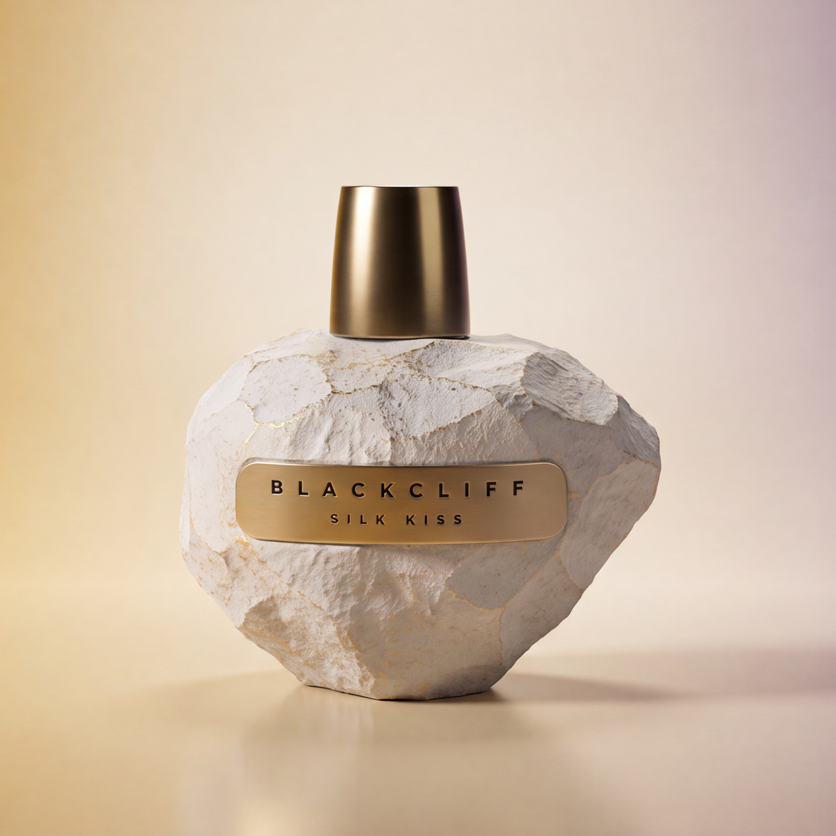 Perfume bottle with gold cap and stone-textured body, Blackcliff Silk Kiss label